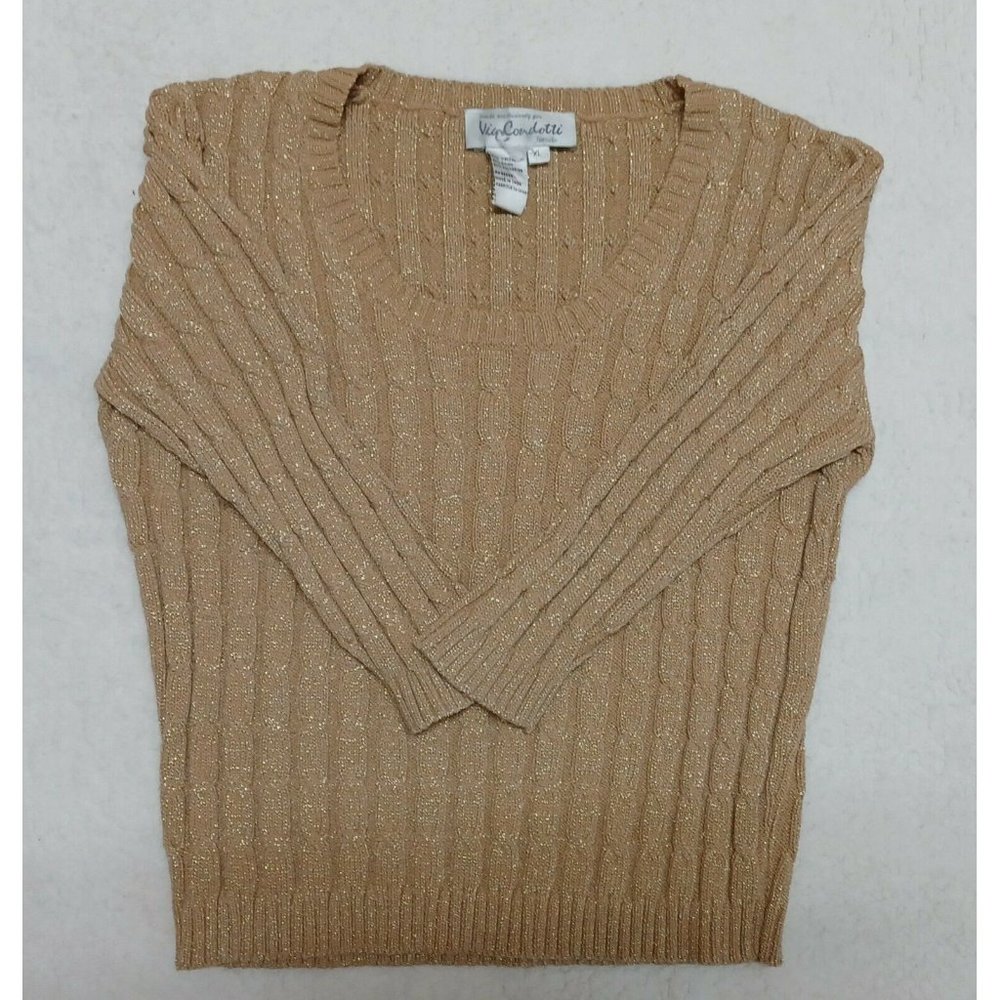 Via Condotti Florida Cable Knit Sweater Sz XL Beige w/ Gold Metallic Thread